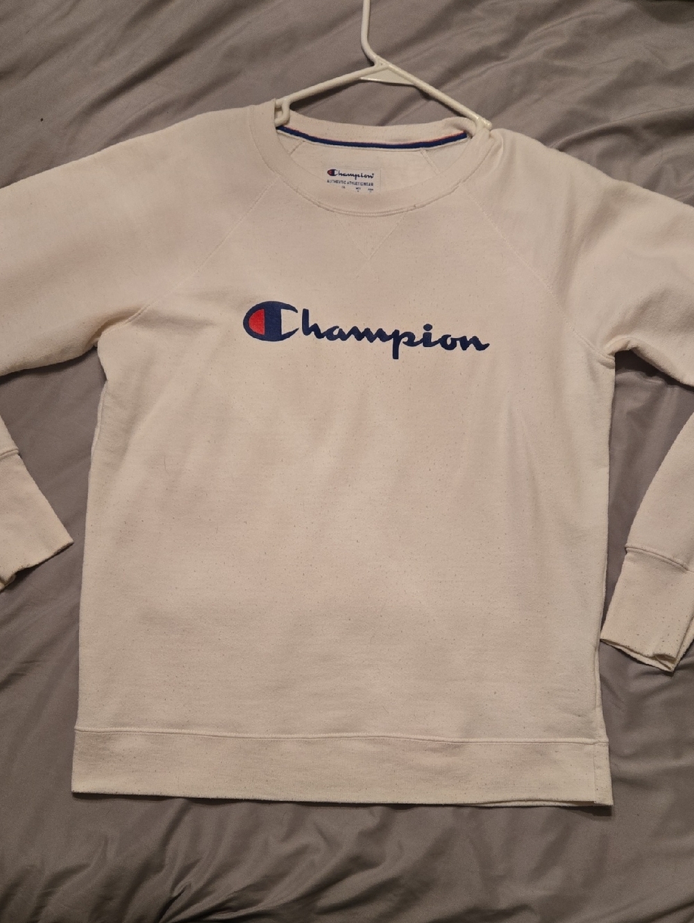 Champion Cream Crewneck Sweatshirt with Navy & Red Logo
